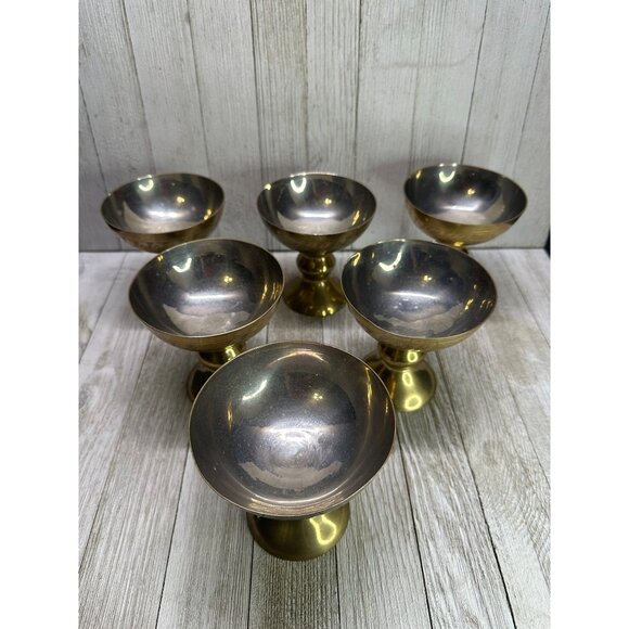 Vintage Set of 6 Etched Brass Footed Goblets Bowls Patina Made in India 4" Tall - Picture 3 of 8